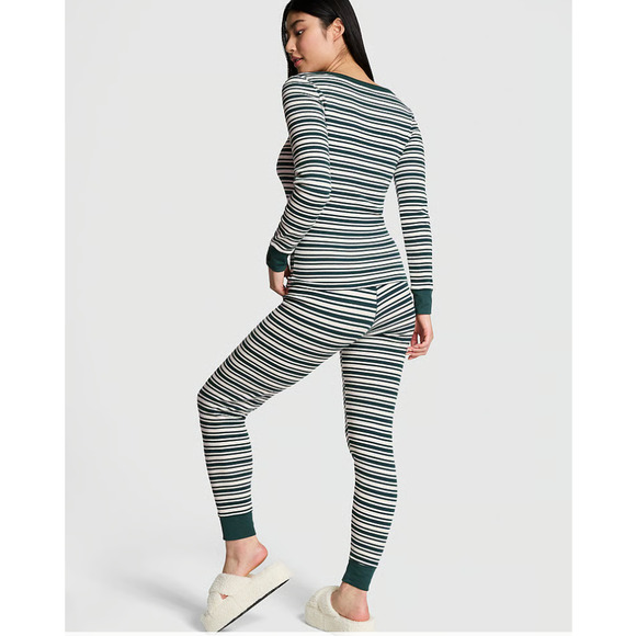 Victoria's Secret PINK Thermal Long Pajama Set - Forest Green Stripes Size SMALL - Picture 2 of 3